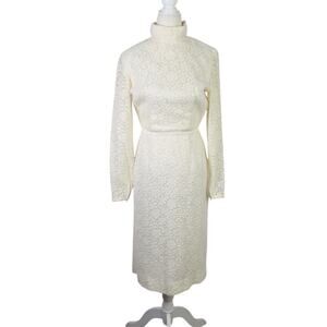 Vintage 70s Sears Cream Lace Knit High Neck Midi Sheath Dress XXS